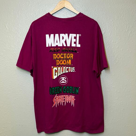 VTG Stussy x Marvel Graphic Shirt Super Heroes vs Villains Magenta Unisex XLarge - Picture 4 of 8